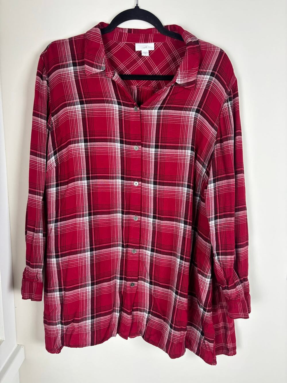Jill XL Petite Red Black Plaid Button Down Shirt Tunic Holiday Long Sleev